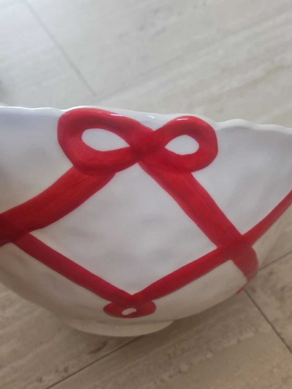 Anthropologie Large White/Red Ribbon Accent Serving Bowl